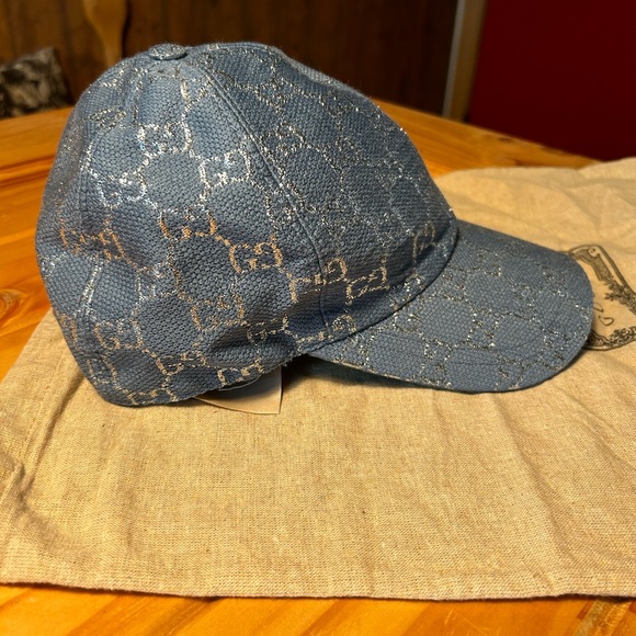 Gucci Canvas GG Monogram Rush Baseball Hat M Blue Silver worn 2x. Excellent - Picture 4 of 11